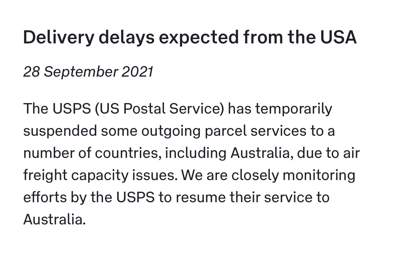 No USPS service to Australia? closed Mail, stamps & postal info